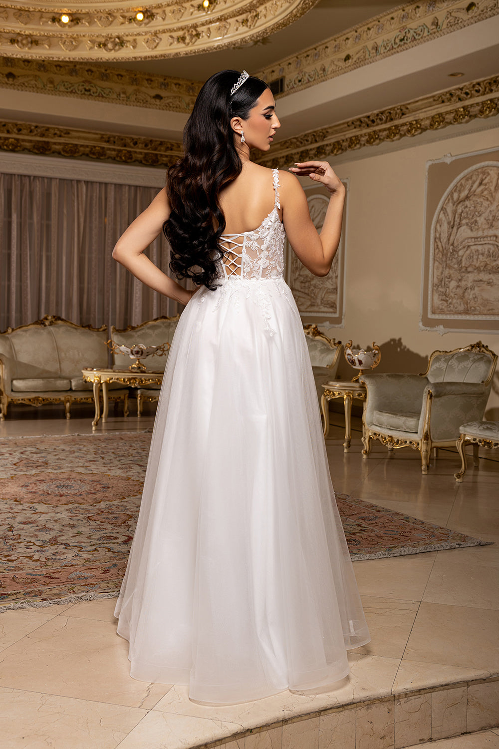 Wholesale A-Line Lace Bodice Bridal Gown with Tulle Skirt Spaghetti Straps Wedding Dress by LA2212 - - Wedding Dress LA Merchandise