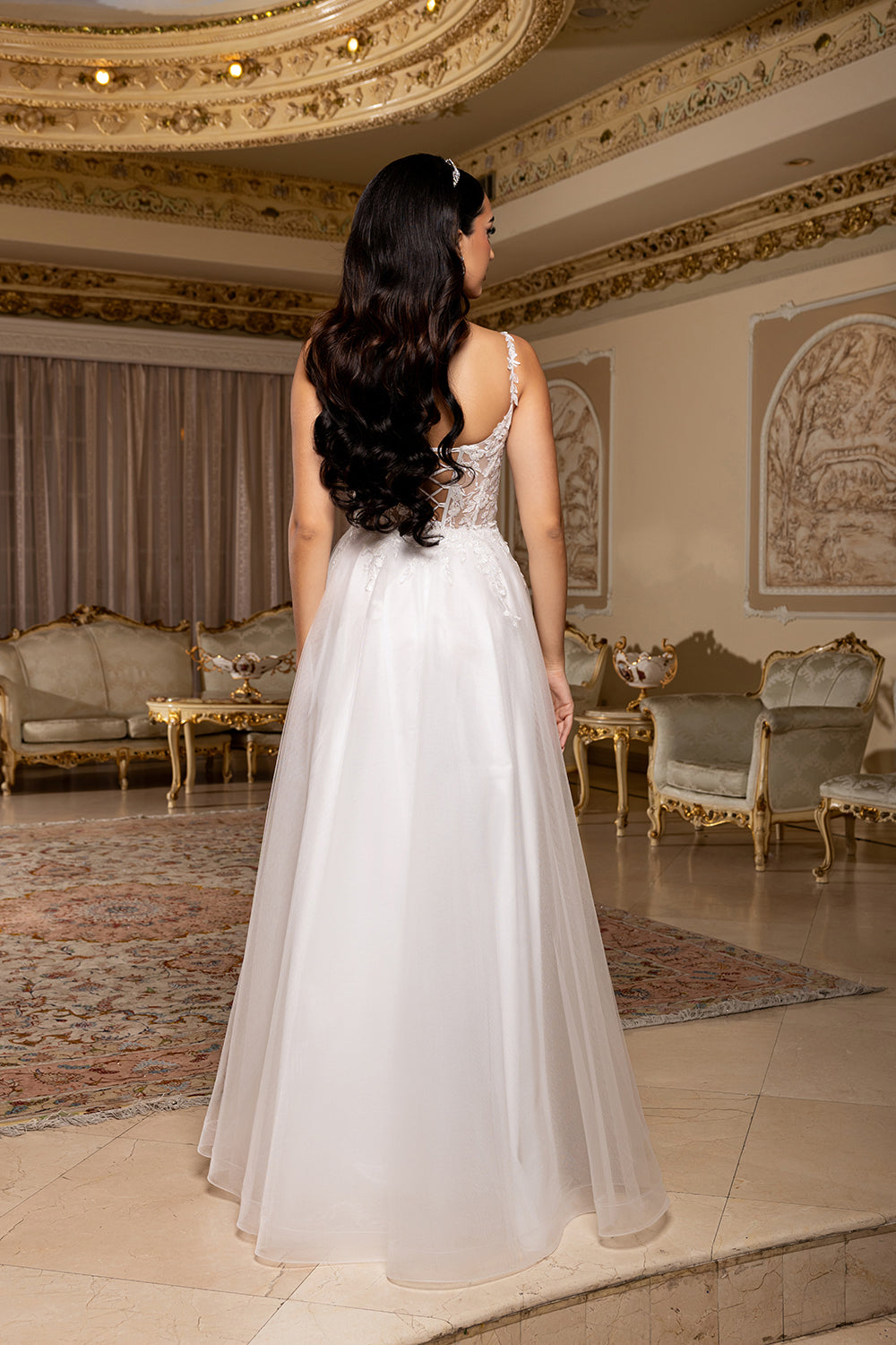 Wholesale A-Line Lace Bodice Bridal Gown with Tulle Skirt Spaghetti Straps Wedding Dress by LA2212 - - Wedding Dress LA Merchandise