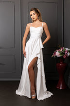 Wholesale Spaghetti Strap Sweetheart Satin Corset Column Bridal Wedding Gown with Slit by LA2242 - - Wedding Dress LA Merchandise