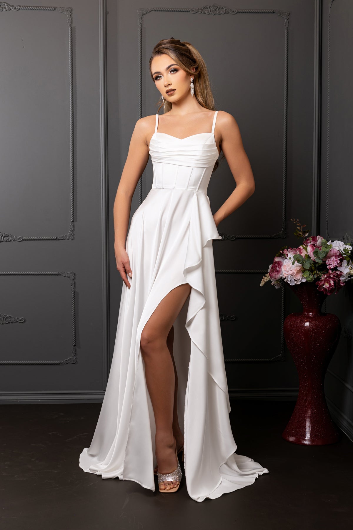 Wholesale Spaghetti Strap Sweetheart Satin Corset Column Bridal Wedding Gown with Slit by LA2242 - - Wedding Dress LA Merchandise