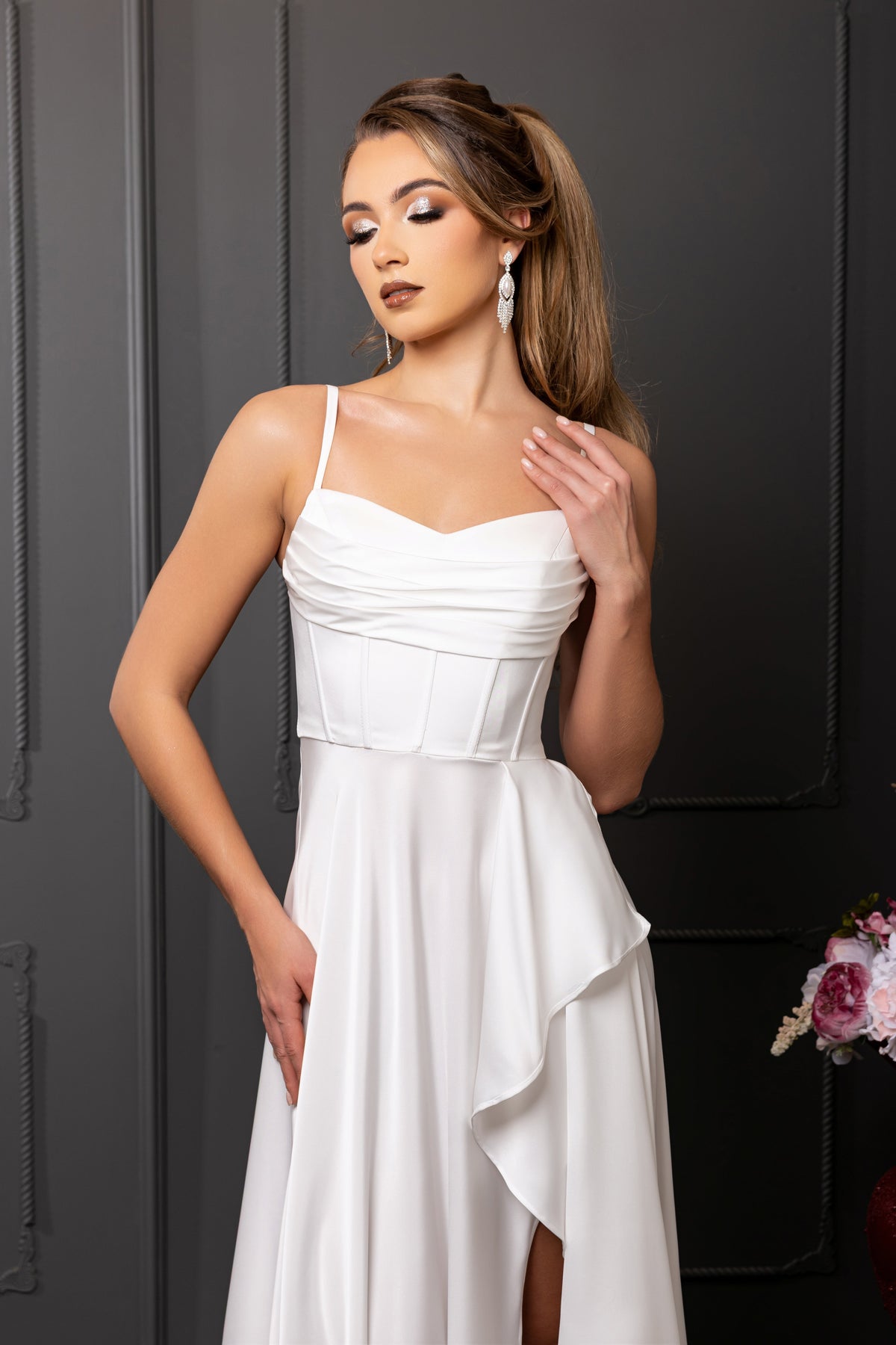 Wholesale Spaghetti Strap Sweetheart Satin Corset Column Bridal Wedding Gown with Slit by LA2242 - - Wedding Dress LA Merchandise