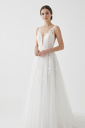Wholesale Deep V-Neck Lace Strap A-Line Bridal Wedding Gown with Floral Lace Appliqué by LA2253 - IVORY - Wedding Dress LA Merchandise