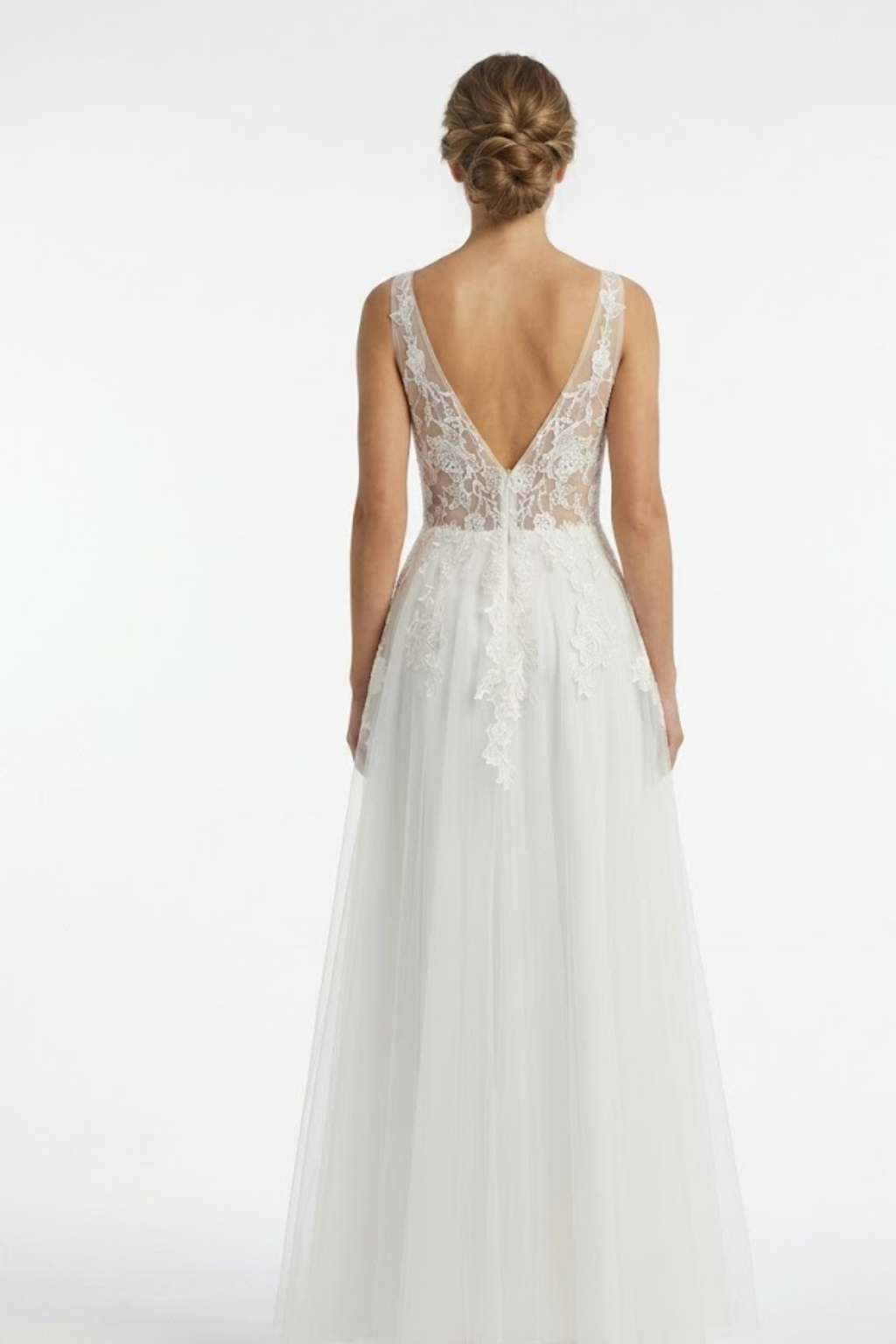 Wholesale Deep V-Neck Lace Strap A-Line Bridal Wedding Gown with Floral Lace Appliqué by LA2253 - - Wedding Dress LA Merchandise