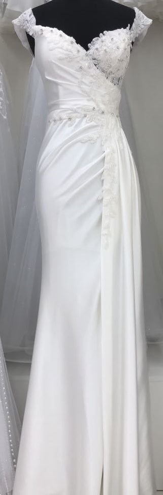 LA2258 Wholesale Off-Shoulder Lace Applique Mermaid Wedding Dress with Corset Back & Satin - - Wedding Dress LA Merchandise