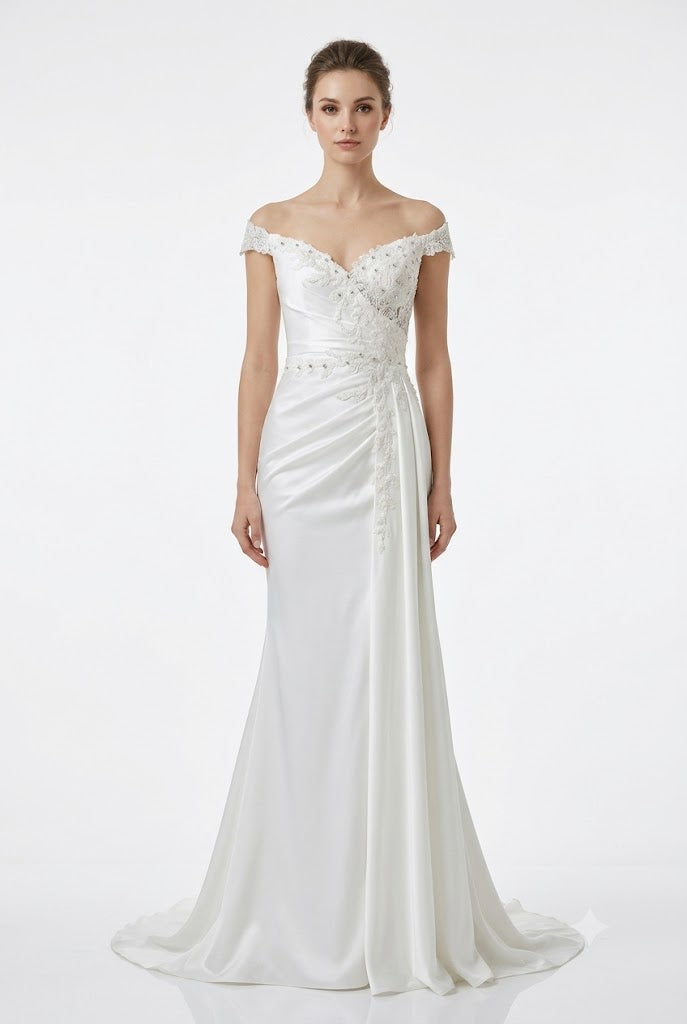 LA2258 Wholesale Off-Shoulder Lace Applique Mermaid Wedding Dress with Corset Back & Satin - IVORY - Wedding Dress LA Merchandise