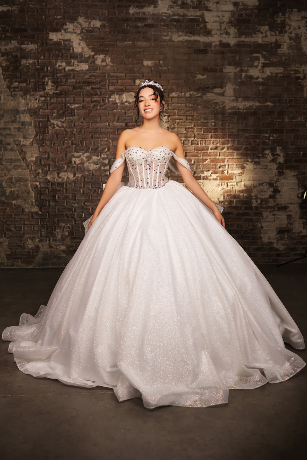 LA Merchandise LA281 Off-Shoulder Quinceañera Gown with Rhinestone Corset Bodice - OFFWHITE - Quinceanera Dress LA Merchandise