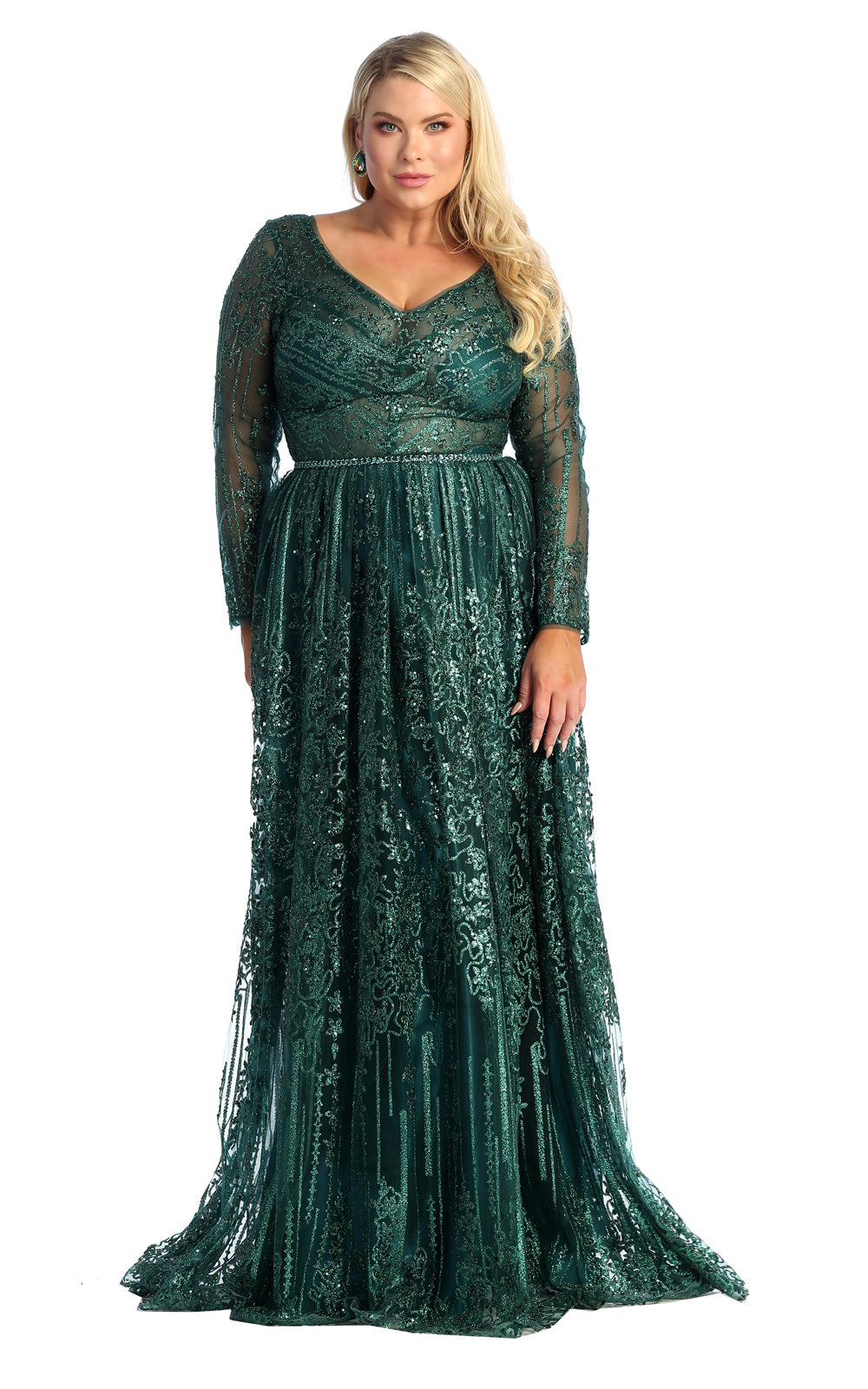 La Merchandise LA7920 Shiny Long Sleeve Plus Size MOB Formal Gown - Hunter Green - LA Merchandise