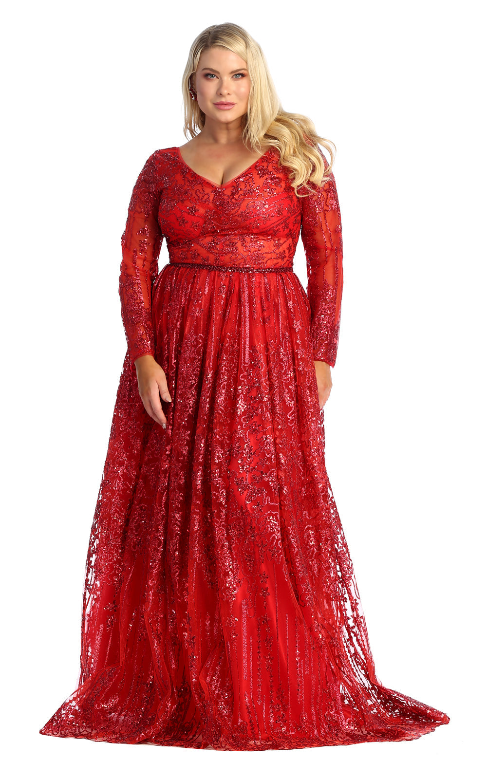 La Merchandise LA7920 Shiny Long Sleeve Plus Size MOB Formal Gown - Red - LA Merchandise