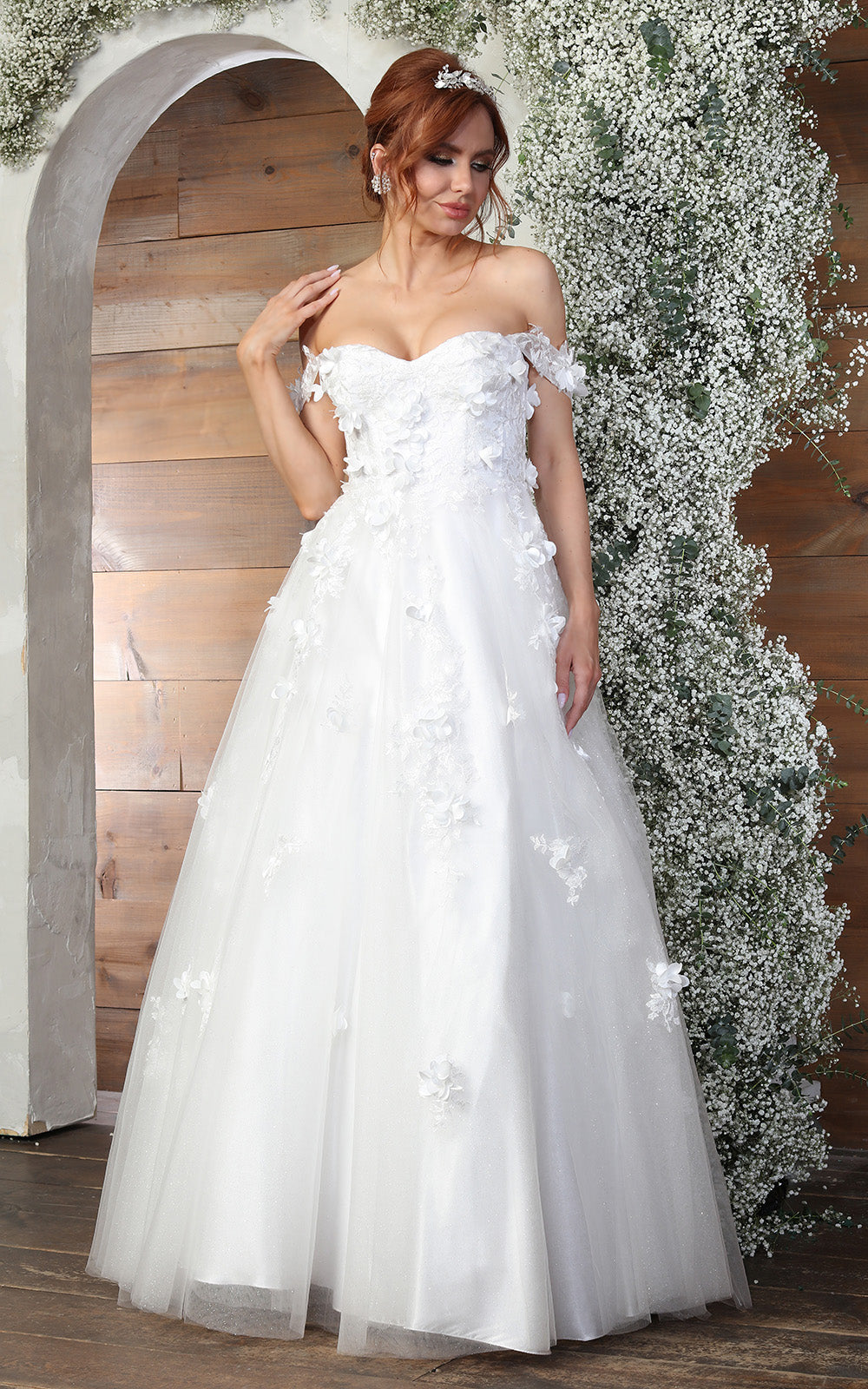 Wholesale Off Shoulder A-Line Wedding Dress with 3D Floral Appliqué & Lace-Up Back by LA8034 - IVORY - Wedding Dresses LA Merchandise