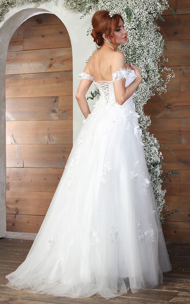 Wholesale Off Shoulder A-Line Wedding Dress with 3D Floral Appliqué & Lace-Up Back by LA8034 - - Wedding Dresses LA Merchandise
