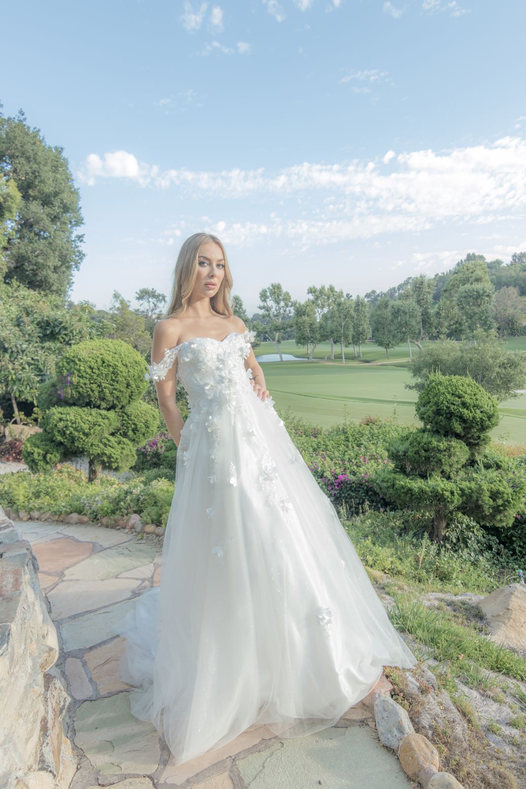 Wholesale Off Shoulder A-Line Wedding Dress with 3D Floral Appliqué & Lace-Up Back by LA8034 - - Wedding Dresses LA Merchandise