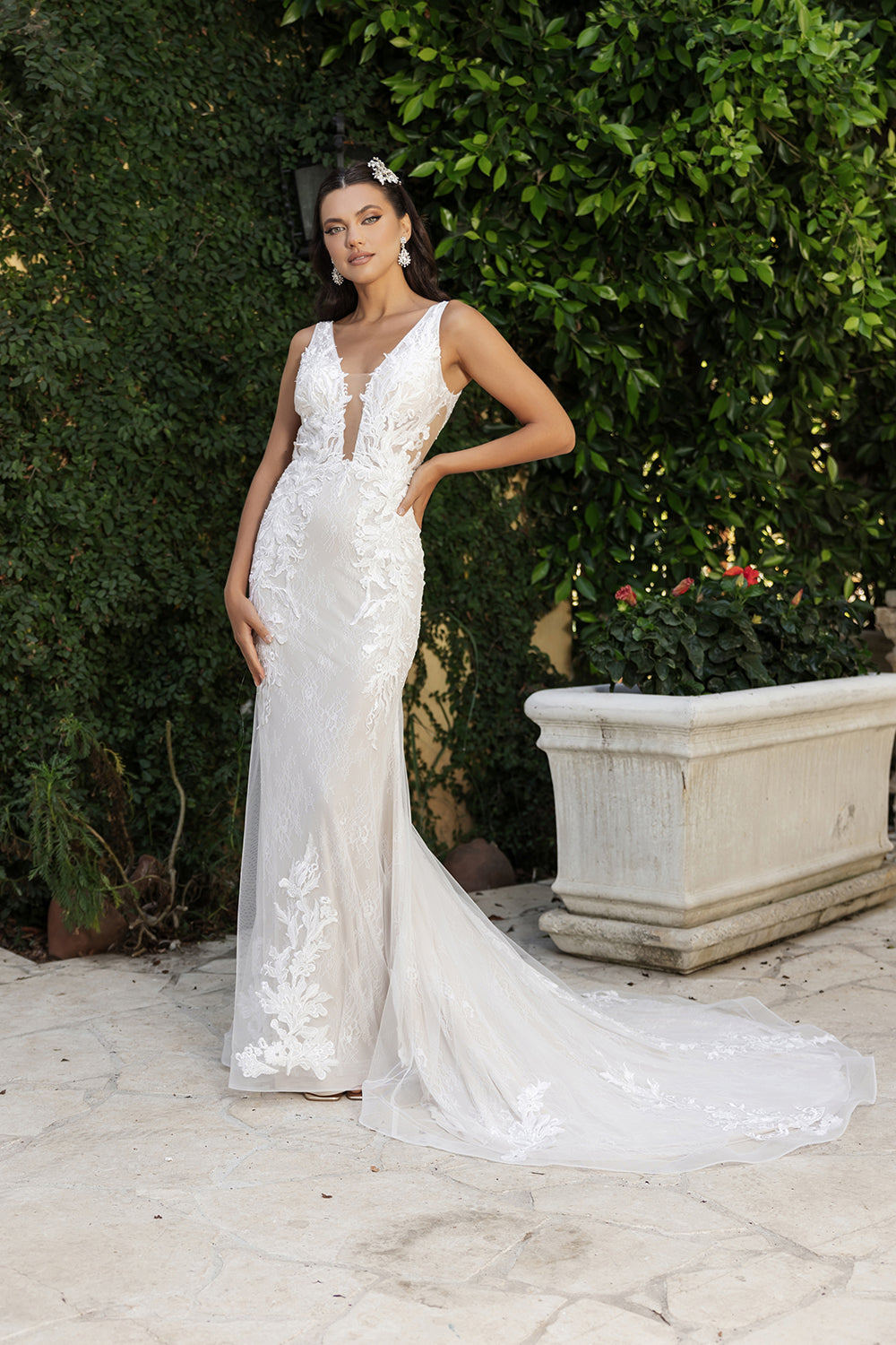 Wholesale Bridal Dress Plunging Neck Mermaid Floral Gown By LA8147 - IVORY NUDE - Dress LA Merchandise