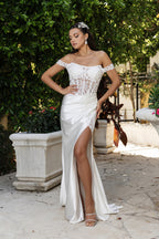 Wholesale Wedding Dress Sleeveless Ruched High Slit Gown By LA8183 - IVORY - Dress LA Merchandise