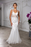 Wholesale Beaded Sheer Mesh Mermaid Bridal Evening Gown with Spaghetti Straps and Train by LA8201 - IVORY - Wedding Dress LA Merchandise