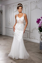 Wholesale Beaded Sheer Mesh Mermaid Bridal Evening Gown with Spaghetti Straps and Train by LA8201 - - Wedding Dress LA Merchandise