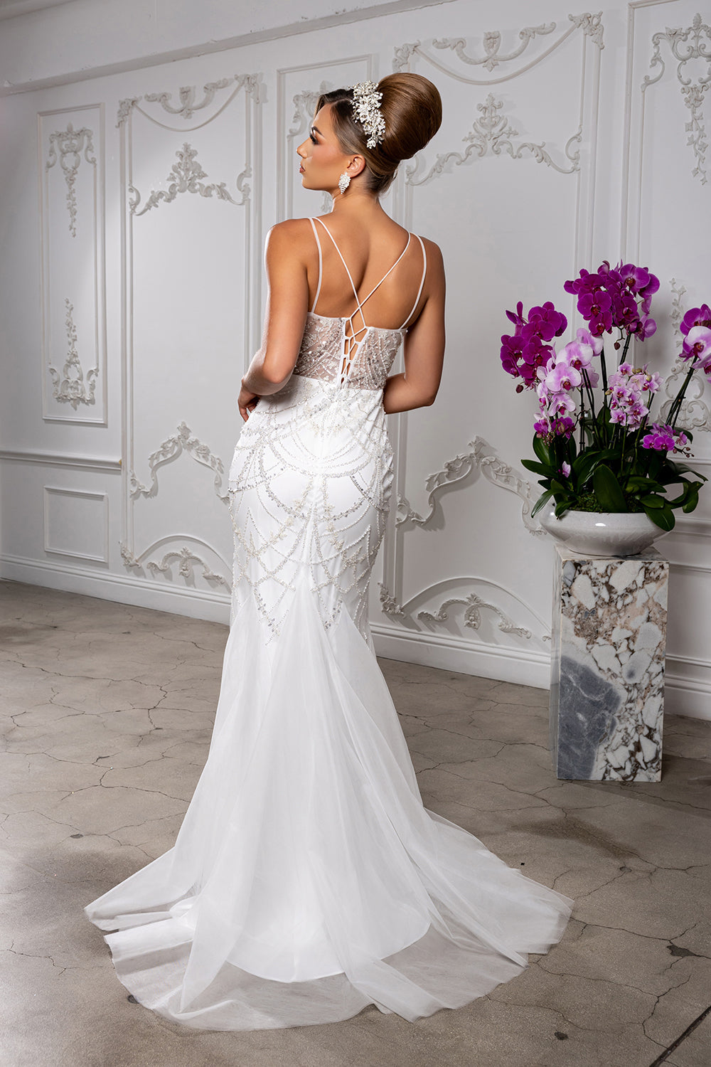 Wholesale Beaded Sheer Mesh Mermaid Bridal Evening Gown with Spaghetti Straps and Train by LA8201 - - Wedding Dress LA Merchandise
