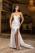 Wholesale Strapless Satin Sheath Wedding Dress with Lace Appliqué High Slit & Train by LA8239 - IVORY - Wedding Dress LA Merchandise