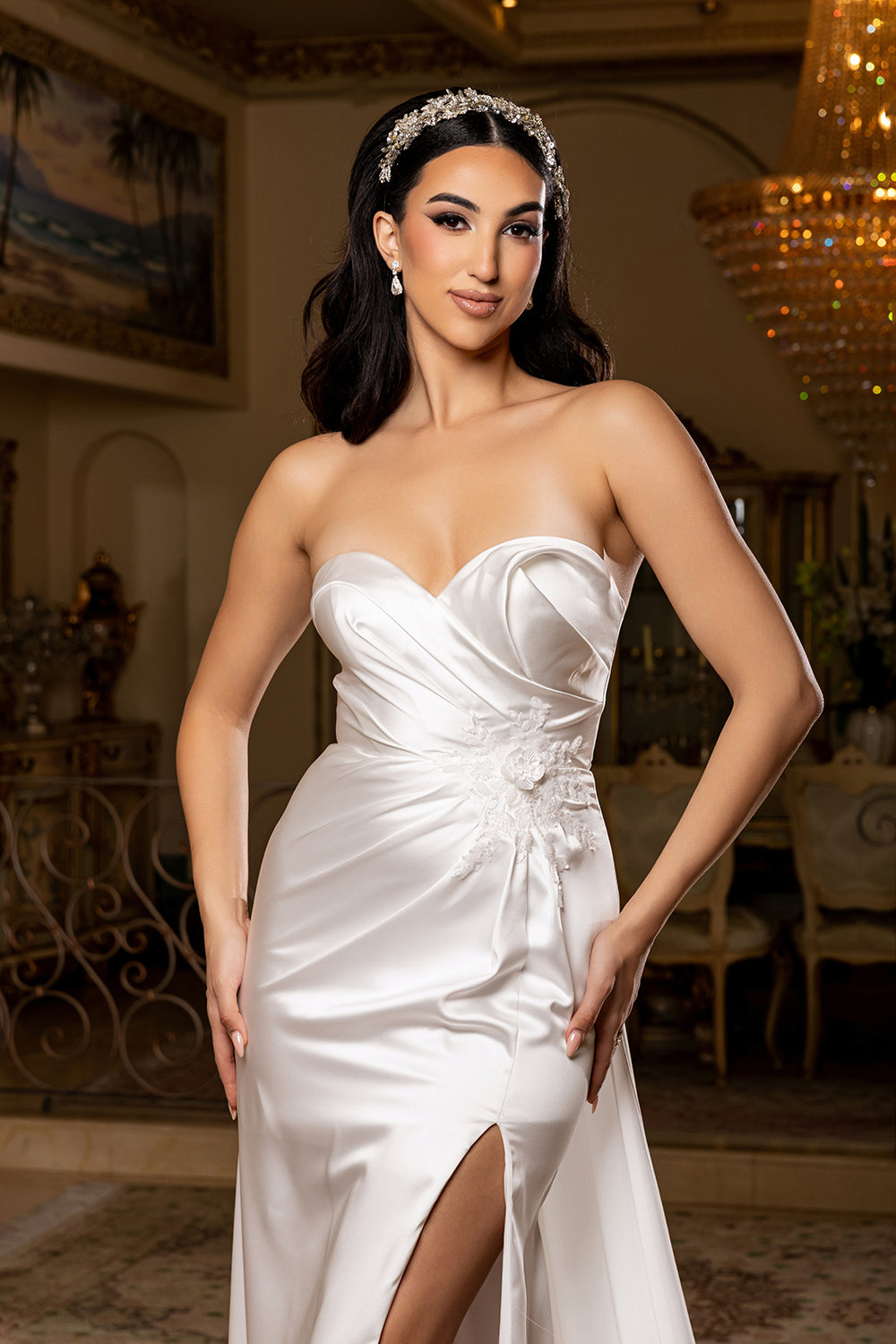 Wholesale Strapless Satin Sheath Wedding Dress with Lace Appliqué High Slit & Train by LA8239 - - Wedding Dress LA Merchandise