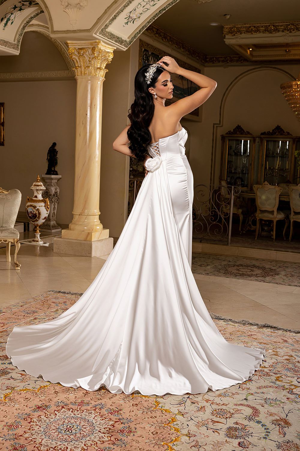 Wholesale Strapless Satin Sheath Wedding Dress with Lace Appliqué High Slit & Train by LA8239 - - Wedding Dress LA Merchandise