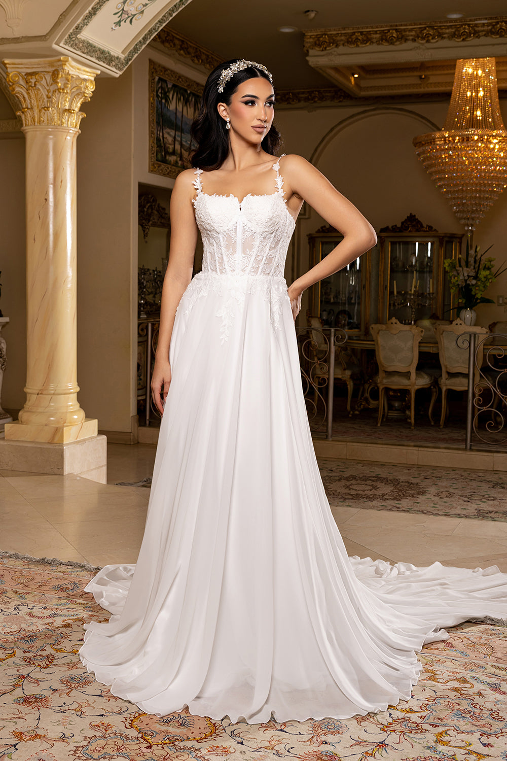 Wholesale Sweetheart Lace Illusion Corset A-Line Chiffon Wedding Bridal Gown with Train by LA8248 - IVORY - Wedding Dress LA Merchandise
