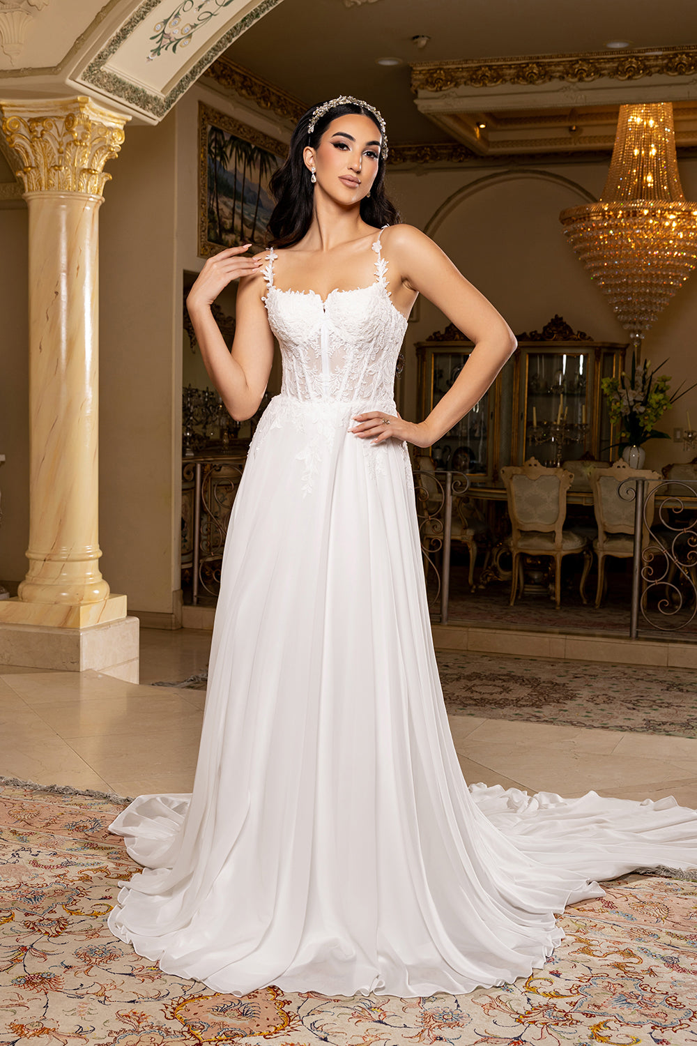 Wholesale Sweetheart Lace Illusion Corset A-Line Chiffon Wedding Bridal Gown with Train by LA8248 - - Wedding Dress LA Merchandise