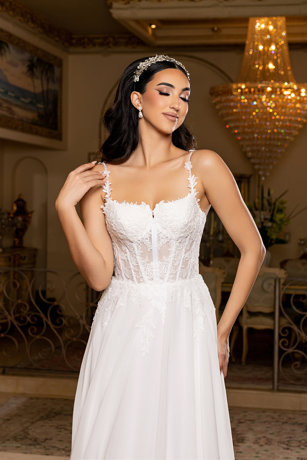 Wholesale Sweetheart Lace Illusion Corset A-Line Chiffon Wedding Bridal Gown with Train by LA8248 - - Wedding Dress LA Merchandise