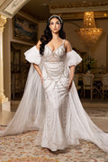 Wholesale Deep V Sweetheart Pearl Beaded Sheath Wedding Bridal Gown with Tulle Cape by LA8251 - IVORY - Wedding Dress LA Merchandise