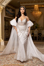 Wholesale Deep V Sweetheart Pearl Beaded Sheath Wedding Bridal Gown with Tulle Cape by LA8251 - IVORY - Wedding Dress LA Merchandise