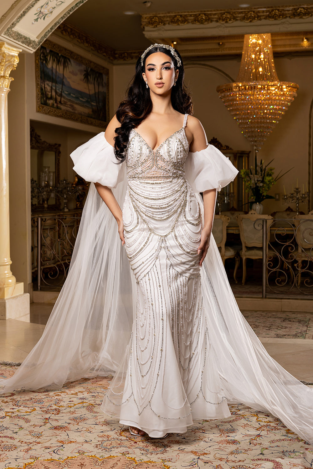Wholesale Deep V Sweetheart Pearl Beaded Sheath Wedding Bridal Gown with Tulle Cape by LA8251 - IVORY - Wedding Dress LA Merchandise