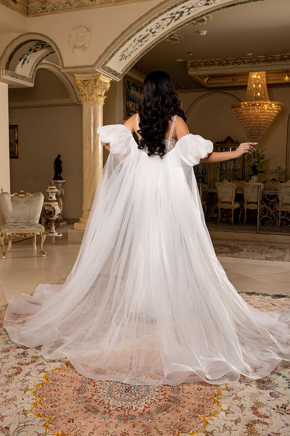 Wholesale Deep V Sweetheart Pearl Beaded Sheath Wedding Bridal Gown with Tulle Cape by LA8251 - - Wedding Dress LA Merchandise