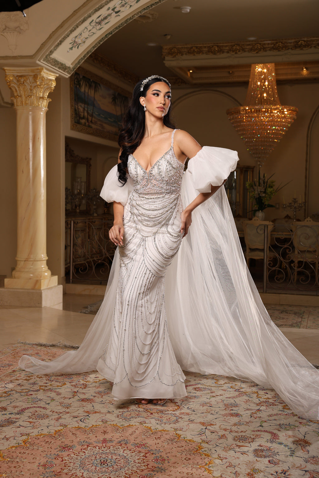 Wholesale Deep V Sweetheart Pearl Beaded Sheath Wedding Bridal Gown with Tulle Cape by LA8251 - - Wedding Dress LA Merchandise