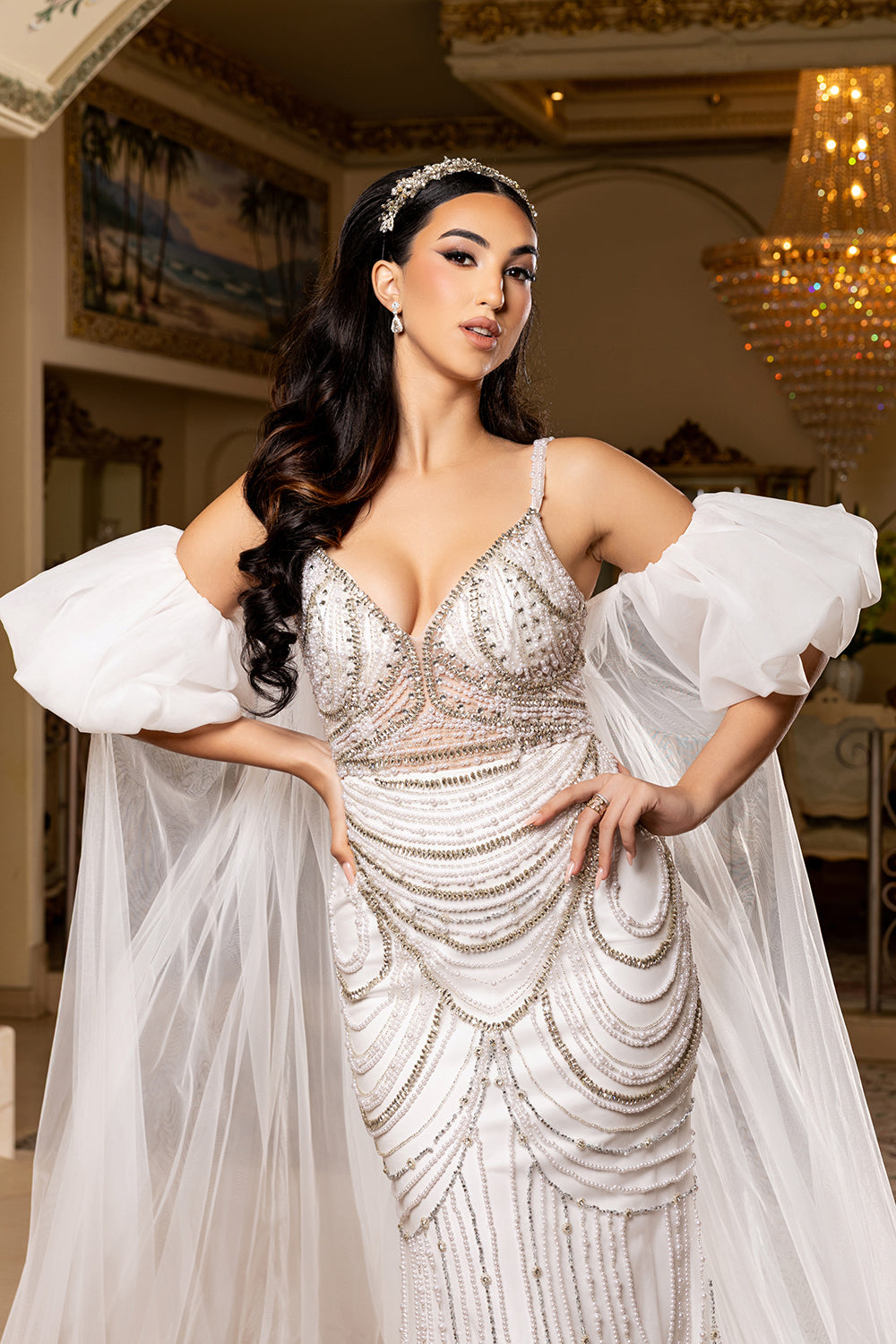 Wholesale Deep V Sweetheart Pearl Beaded Sheath Wedding Bridal Gown with Tulle Cape by LA8251 - - Wedding Dress LA Merchandise