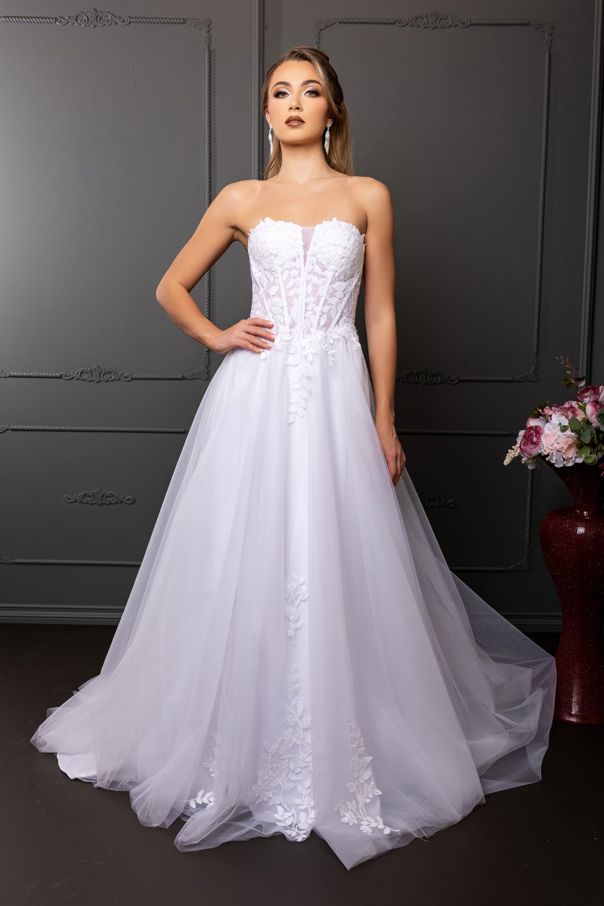 Wholesale Strapless Sweetheart 3D Floral Lace Appliqué Illusion A-Line Wedding Gown by LA8274 - IVORY - Wedding Dress LA Merchandise