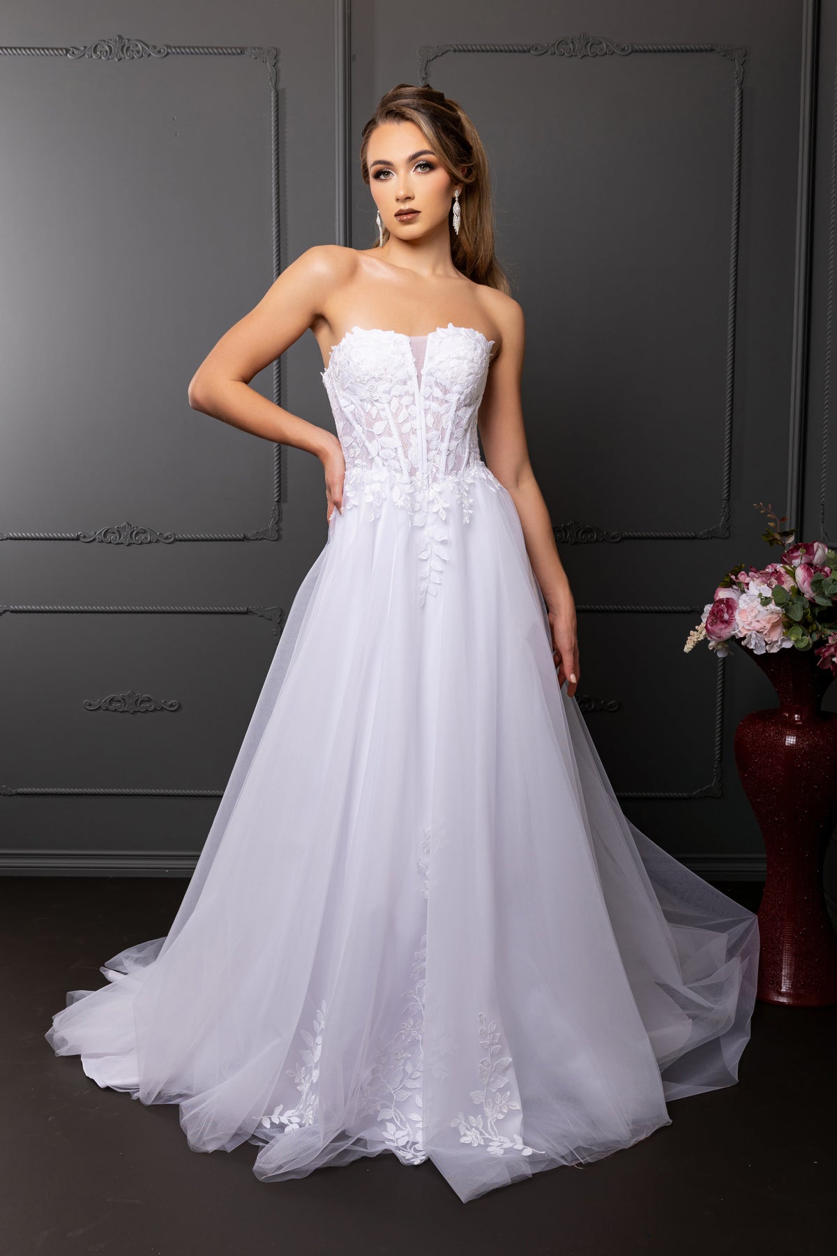 Wholesale Strapless Sweetheart 3D Floral Lace Appliqué Illusion A-Line Wedding Gown by LA8274 - - Wedding Dress LA Merchandise