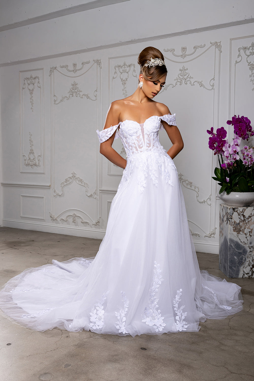 Wholesale Off-Shoulder Sweetheart Floral Lace Appliqué Illusion Corset A-Line Wedding Gown by LA8275 - IVORY - Wedding Dress LA Merchandise