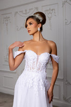 Wholesale Off-Shoulder Sweetheart Floral Lace Appliqué Illusion Corset A-Line Wedding Gown by LA8275 - - Wedding Dress LA Merchandise