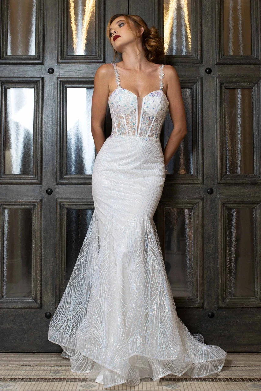 Wholesale Beaded Mermaid Wedding Dress with Illusion Corset Bodice & Lace-Up Back by LAF8430 - WHITE - Dresses LAF