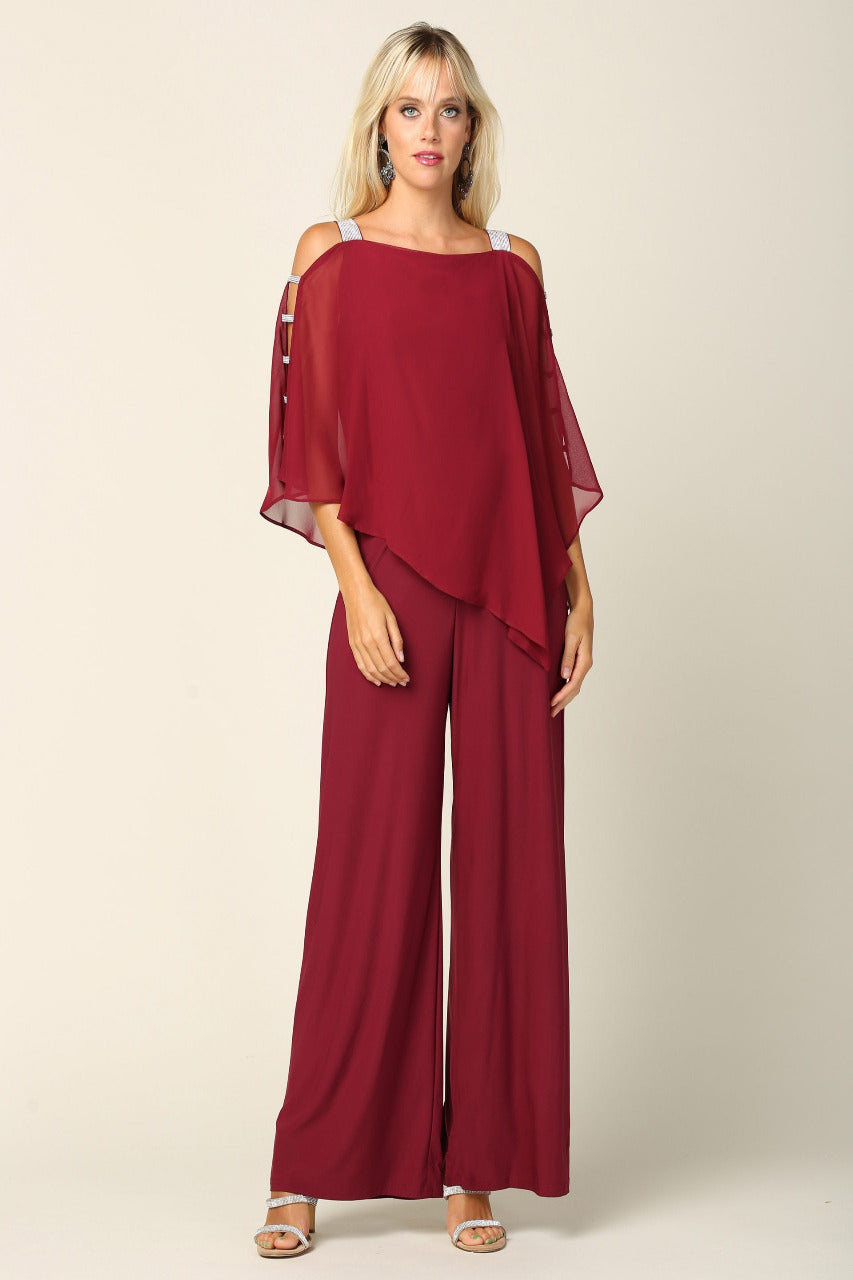 LA Merchandise LAV3381 Detailed Chiffon Cape on Stretch Jersey Jumpsuit - BURGUNDY - Dress LA Merchandise