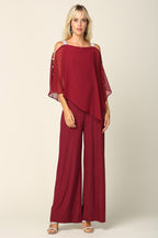 LA Merchandise LAV3381 Detailed Chiffon Cape on Stretch Jersey Jumpsuit - BURGUNDY - Dress LA Merchandise