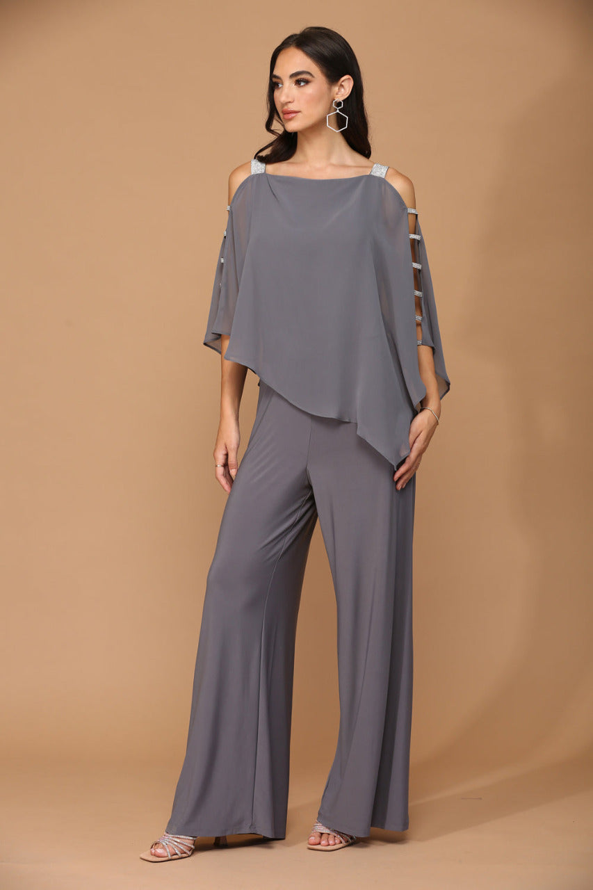 LA Merchandise LAV3381 Detailed Chiffon Cape on Stretch Jersey Jumpsuit - CHARCOAL - Dress LA Merchandise