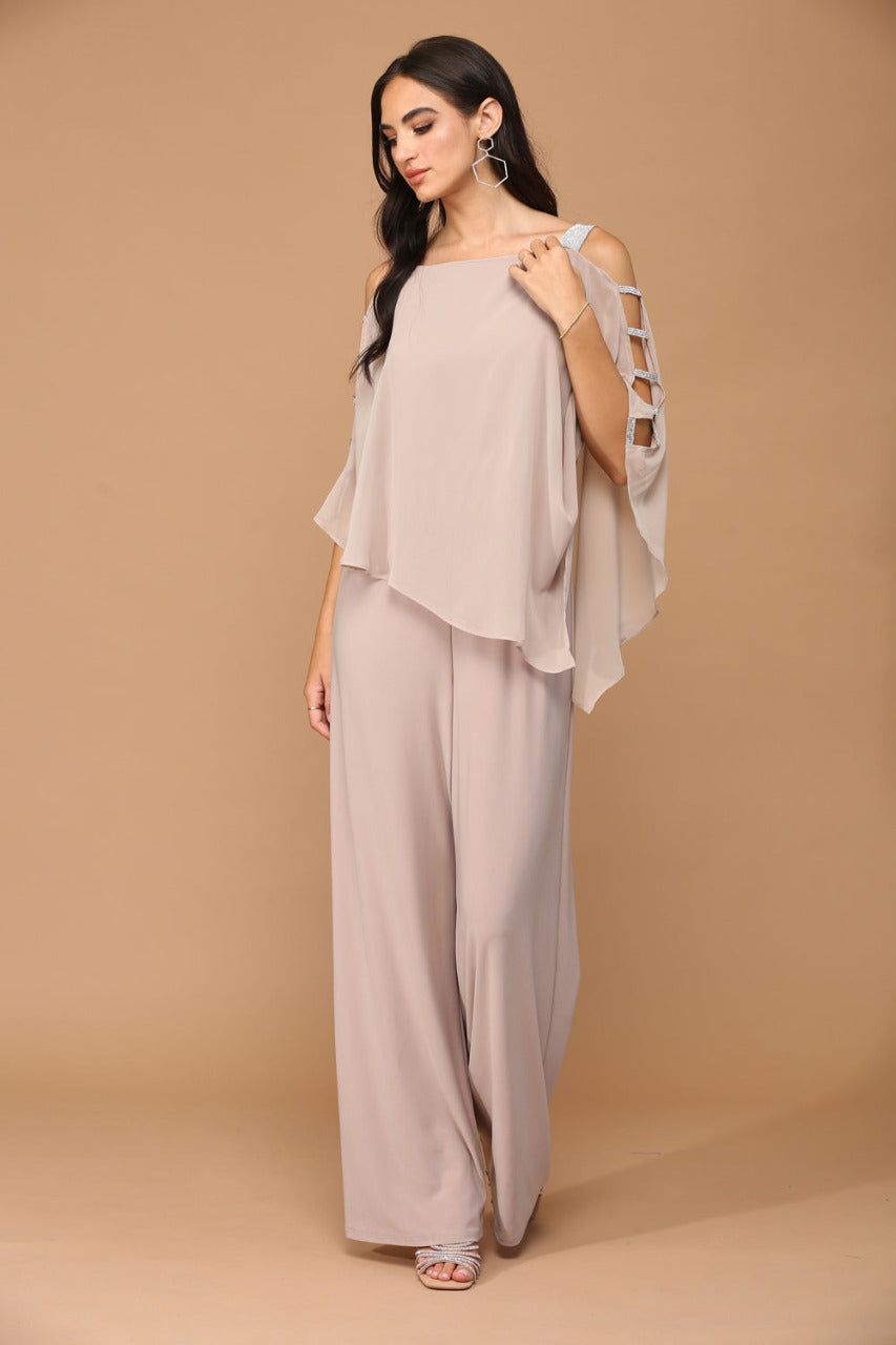 LA Merchandise LAV3381 Detailed Chiffon Cape on Stretch Jersey Jumpsuit - COCOA - Dress LA Merchandise