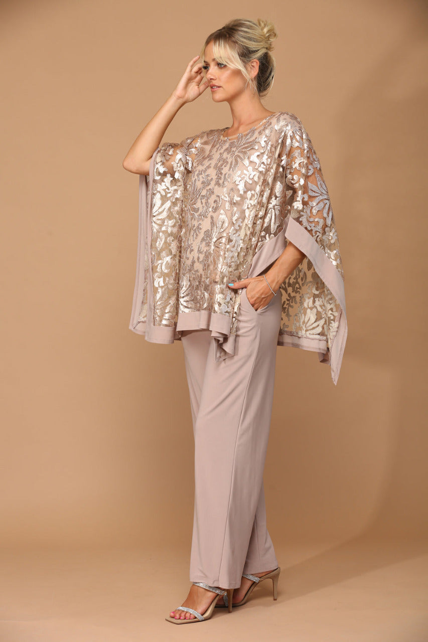 LA Merchandise LAV3443 Formal Pant Set W/ Sequin Cape Overlay - MOCHA - Dress LA Merchandise