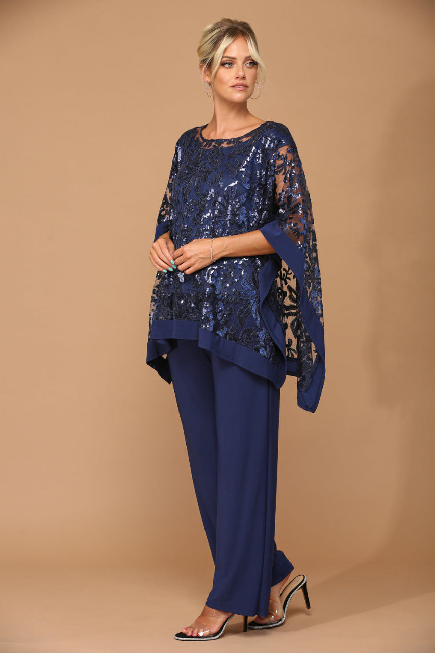 LA Merchandise LAV3443 Formal Pant Set W/ Sequin Cape Overlay - NAVY - Dress LA Merchandise