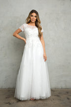 LA Merchandise LAV5261B Modest Short Sleeve Lace Off-White Bridal Gown - OFF-WHITE - Dress LA Merchandise