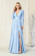 La Merchandise LA1835 V-Neck Long Sleeve Stretchy Bridesmaids Gown - DUSTY BLUE - LA Merchandise