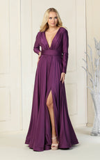 La Merchandise LA1835 V-Neck Long Sleeve Stretchy Bridesmaids Gown - EGGPLANT - LA Merchandise