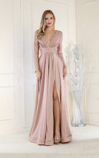 La Merchandise LA1835 V-Neck Long Sleeve Stretchy Bridesmaids Gown - MAUVE - LA Merchandise
