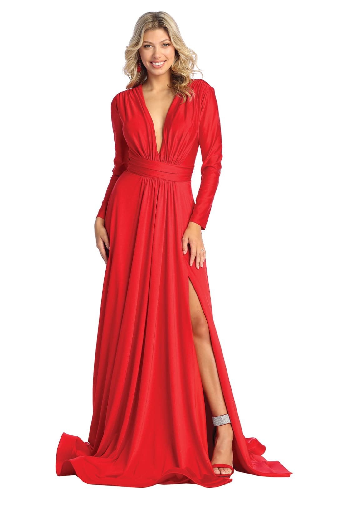 La Merchandise LA1835 V-Neck Long Sleeve Stretchy Bridesmaids Gown - RED - LA Merchandise