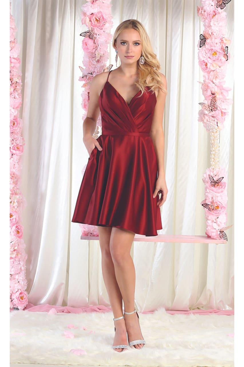 Lace Up Cocktail Dress W/ Pockets - LA1882 - BURGUNDY - LA Merchandise
