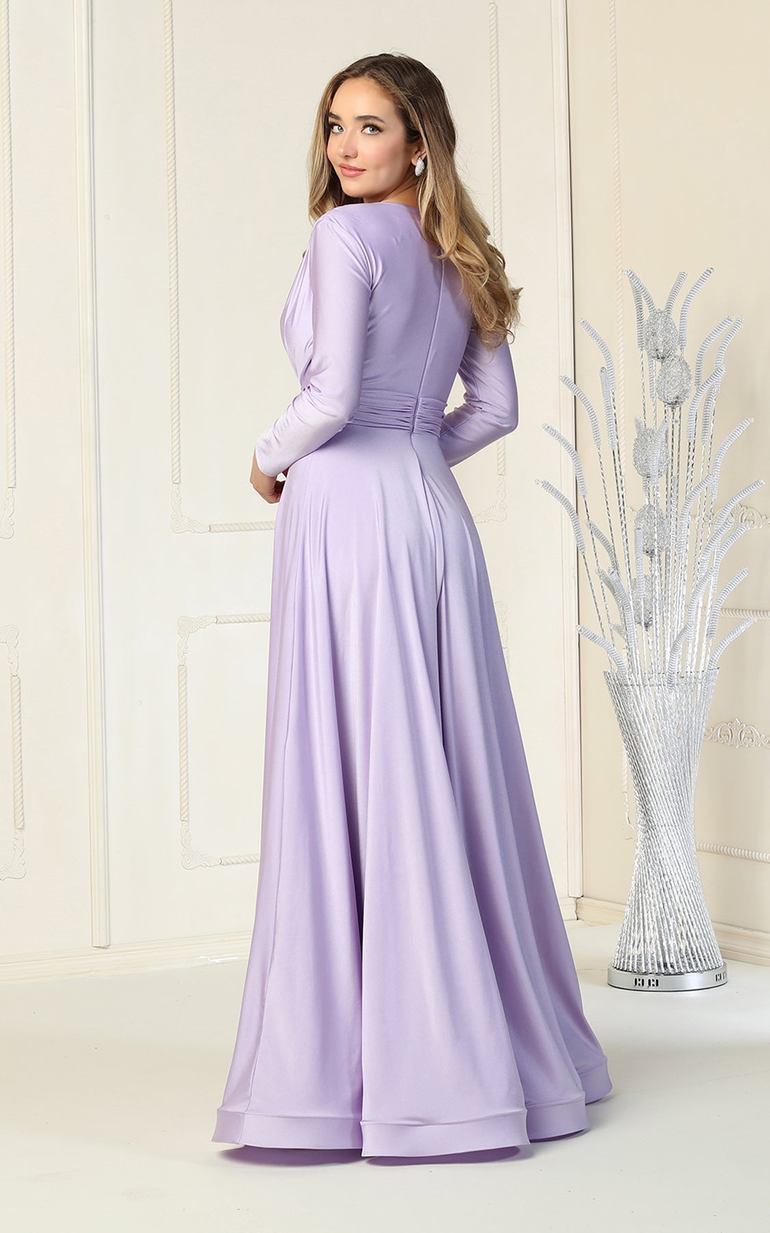 La Merchandise LA1835 V-Neck Long Sleeve Stretchy Bridesmaids Gown - - LA Merchandise